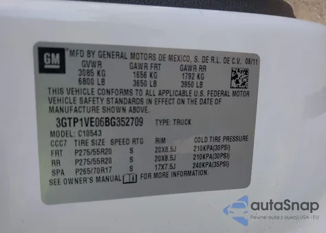 2011 GMC Sierra 1500 Sle z USA, uszkodzony, nr VIN 3GTP1VE06BG352709
